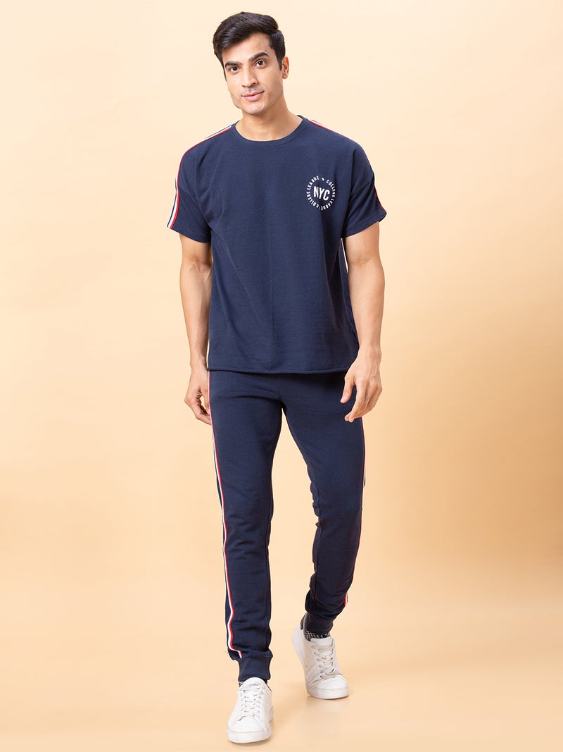 Globus Men Navy Solid Cotton Sports Co-Ords Set with T-shirt and Jogger - Image 2